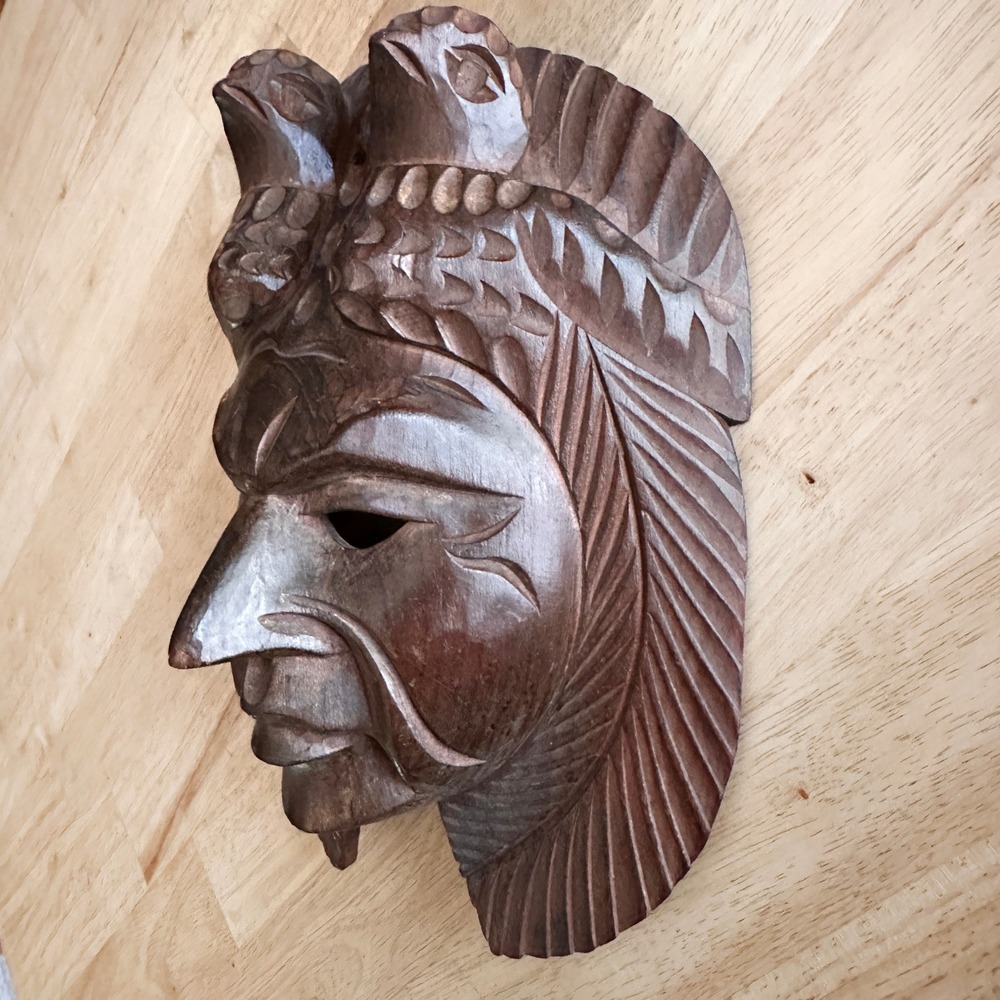 Guatemalan Hand Carved Mayan Ruler Mask Two Quetzal Birds Wood Wall Decor 10"